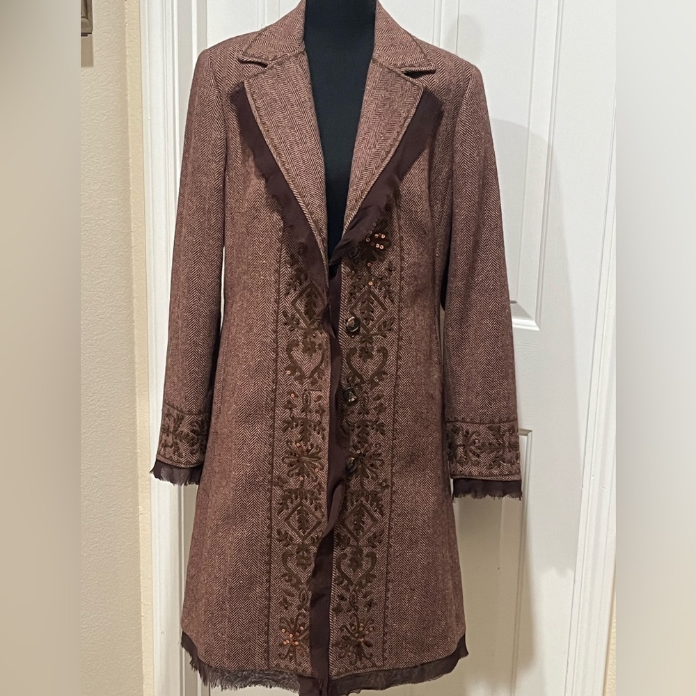 FOCUS 2000 WOOL BLEND EMBROIDERED AND BEADED TWEED BROWN WOMENS JACKET SIZE12